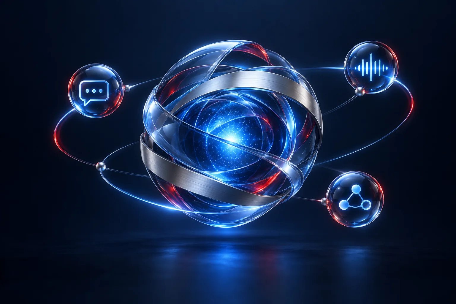 Glowing glass intelligence core connected to chat, voice and automation modules